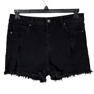 Fire & Rain JRS SZ 13 Hi-Rise Jean Shorts Distressed Stretch Frayed Hems Black